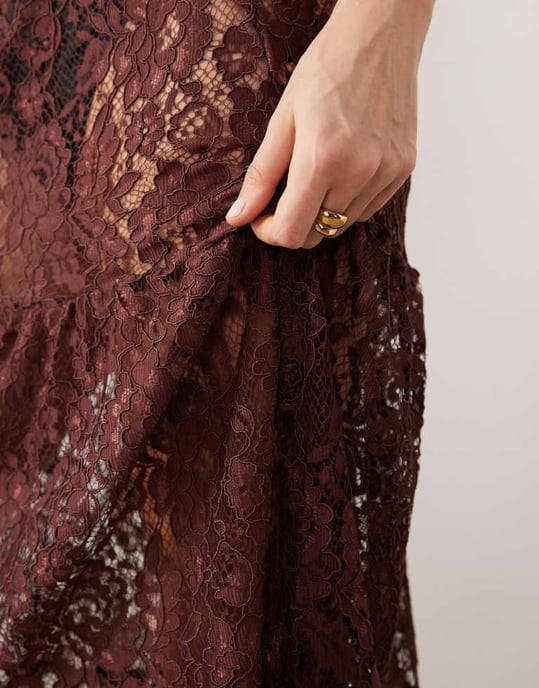 ASOS DESIGN lace tiered maxi skirt in chocolate - Image 2
