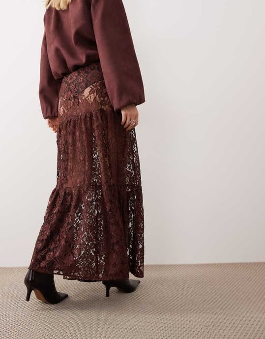 ASOS DESIGN lace tiered maxi skirt in chocolate - Image 3