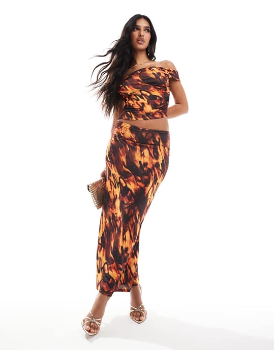 ASOS DESIGN co-ord double layer slinky maxi skirt in orange print - Image 1