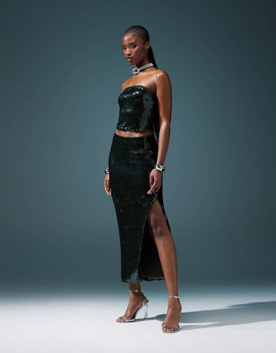 ASOS DESIGN co-ord sequin maxi skirt in forest green - Image 2