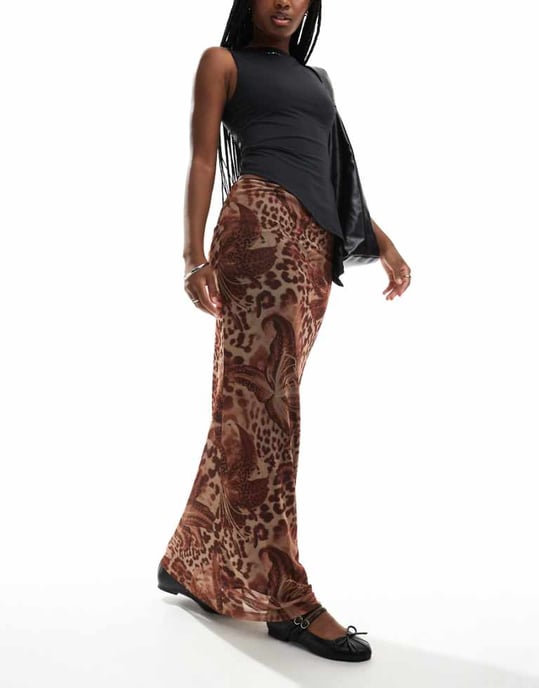 ASOS DESIGN floaty floral leopard mesh maxi skirt in brown - Image 1
