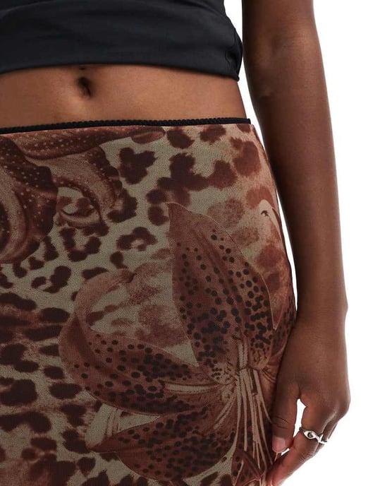 ASOS DESIGN floaty floral leopard mesh maxi skirt in brown - Image 3