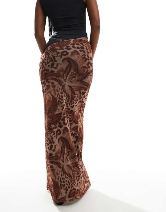 ASOS DESIGN floaty floral leopard mesh maxi skirt in brown - Image 4