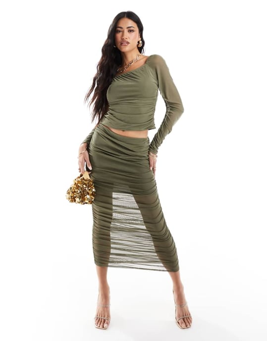 ASOS DESIGN co-ord ruched maxi skirt in khaki - Image 1