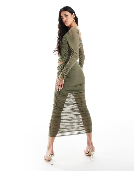 ASOS DESIGN co-ord ruched maxi skirt in khaki - Image 2