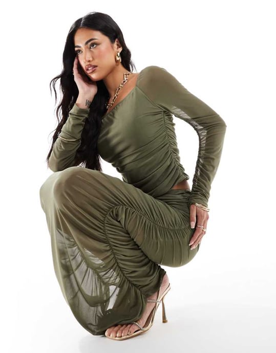 ASOS DESIGN co-ord ruched maxi skirt in khaki - Image 4