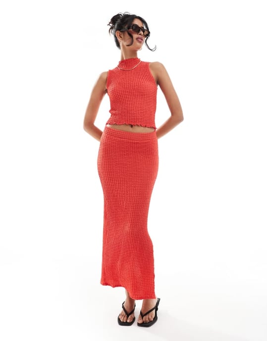 Pieces textured ankle length skirt co-ord in red - Image 1