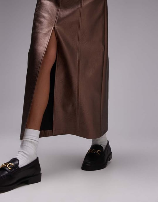 Topshop Faux leather split midi skirt in metallic bronze - Image 2