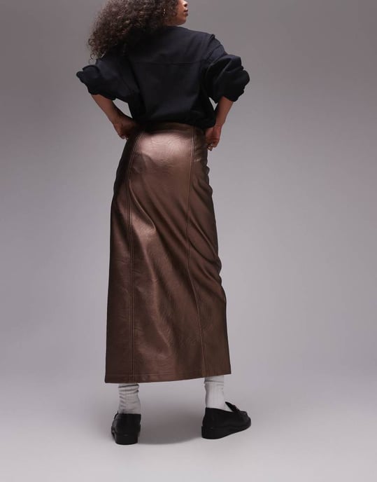 Topshop Faux leather split midi skirt in metallic bronze - Image 3
