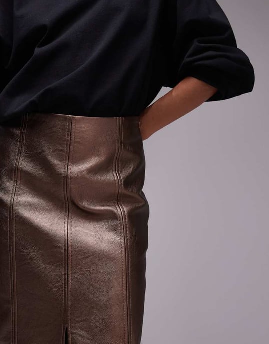 Topshop Faux leather split midi skirt in metallic bronze - Image 4