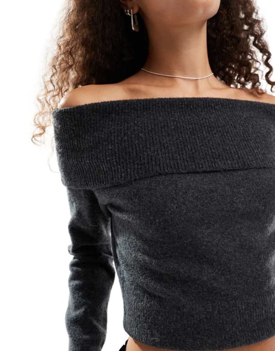 Weekday Lolo off shoulder knitted jumper in black melange - Image 3