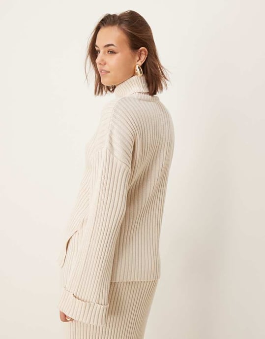 YAS knitted roll neck jumper co-ord with turn up sleeves in cream - Image 3