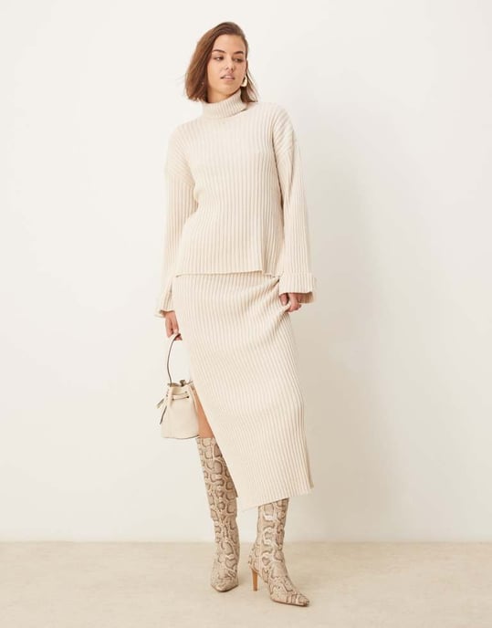 YAS knitted roll neck jumper co-ord with turn up sleeves in cream - Image 4