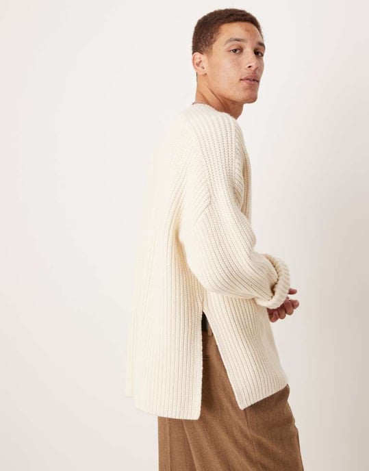ASOS DESIGN oversized wool mix heavyweight rib knitted jumper with in oatmeal - Image 4