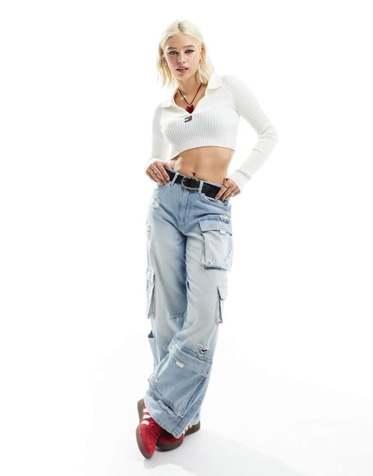 Tommy Jeans stickad ribbad kragsweater i vit - Image 2