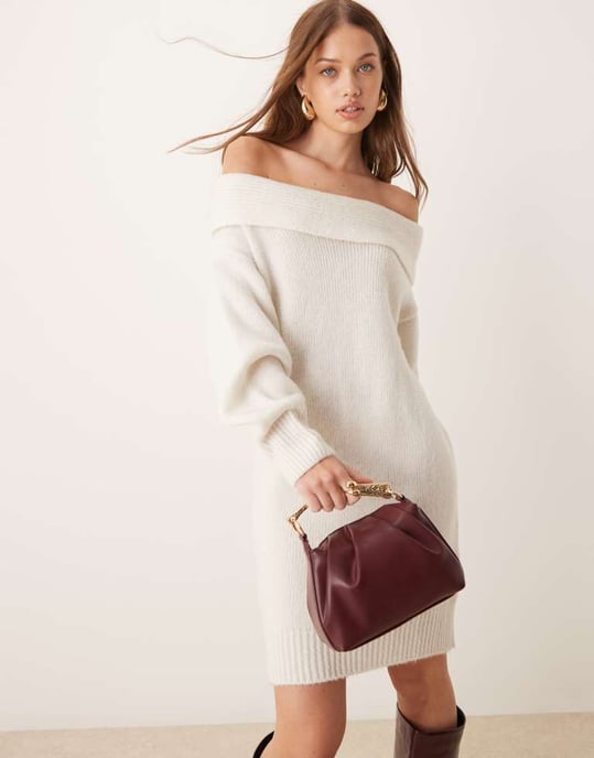 ASOS DESIGN knitted one shoulder jumper dress in ecru - Image 3
