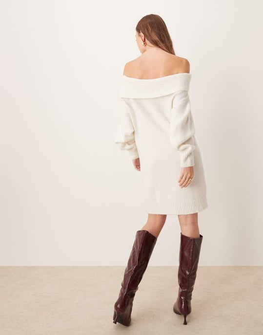 ASOS DESIGN knitted one shoulder jumper dress in ecru - Image 4