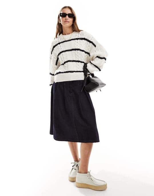 ASOS DESIGN crew neck cable jumper in cream stripe - Image 2