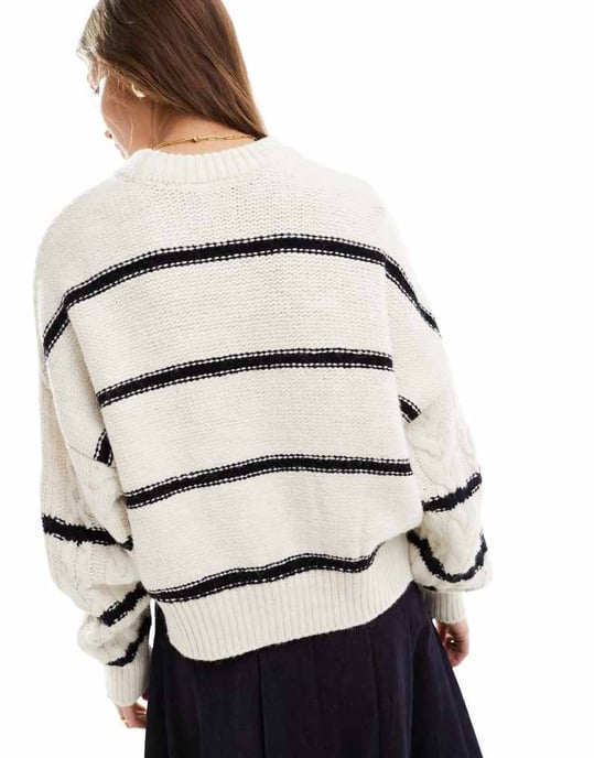 ASOS DESIGN crew neck cable jumper in cream stripe - Image 3