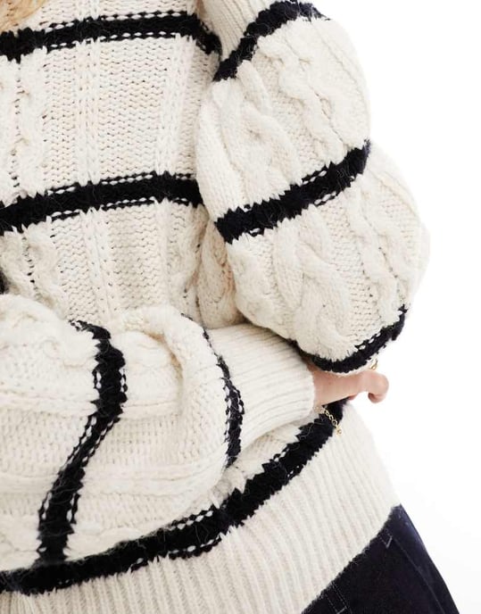 ASOS DESIGN crew neck cable jumper in cream stripe - Image 4