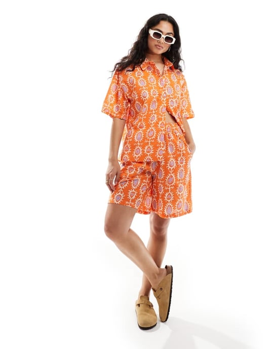 Sixth June co-ord printed linen shorts in orange - Image 3