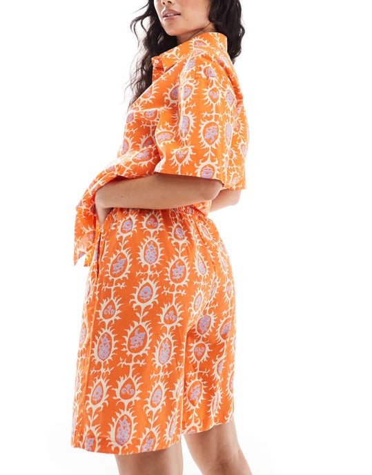 Sixth June co-ord printed linen shorts in orange - Image 4