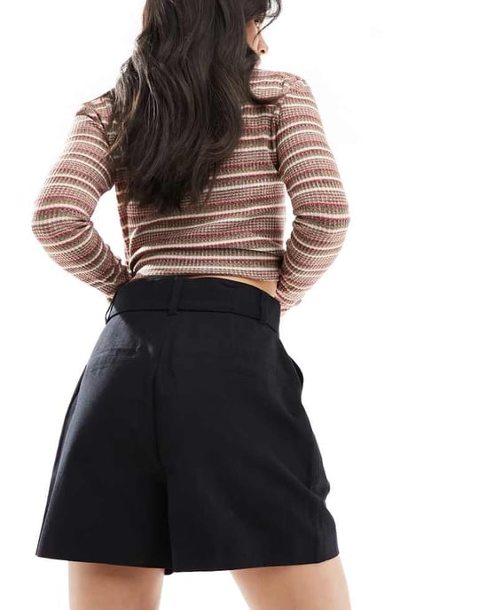 ASOS DESIGN tailored belted shorts with linen in black - Image 4