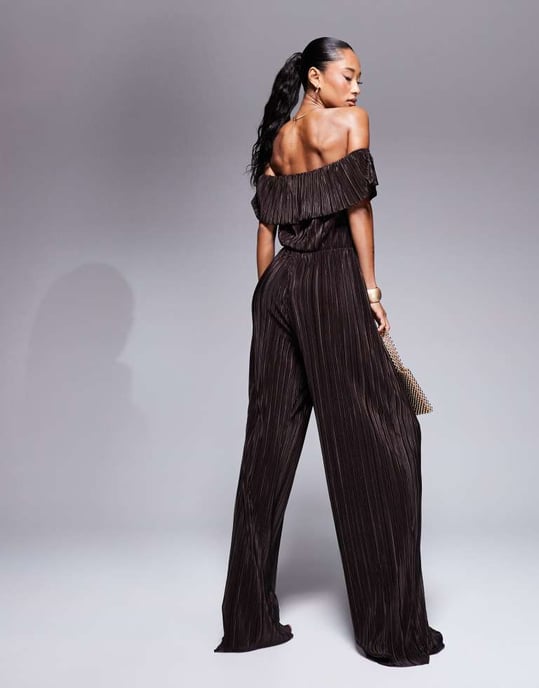 ASOS DESIGN plisse bardot wide leg jumpsuit in chocolate - Image 3