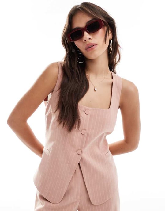 ASOS DESIGN square neck waistcoat in pink brushed stripe co-ord - Image 1