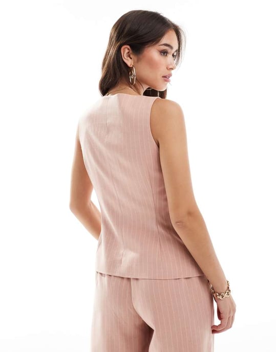 ASOS DESIGN square neck waistcoat in pink brushed stripe co-ord - Image 3