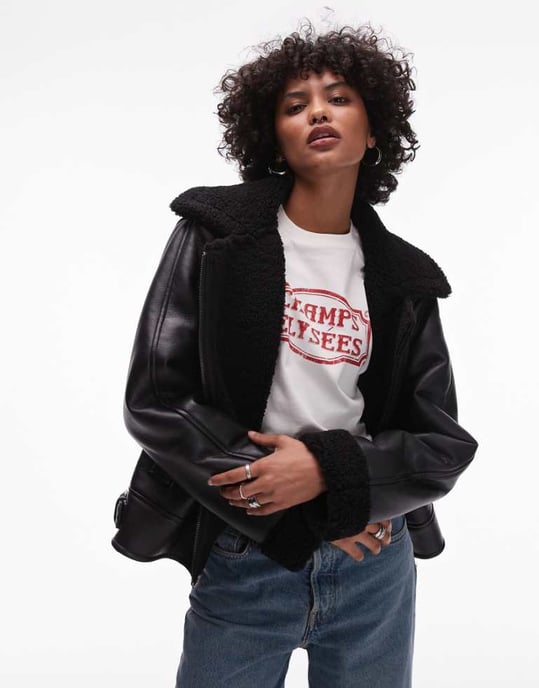 Topshop shearling aviator jacket in black - Image 1