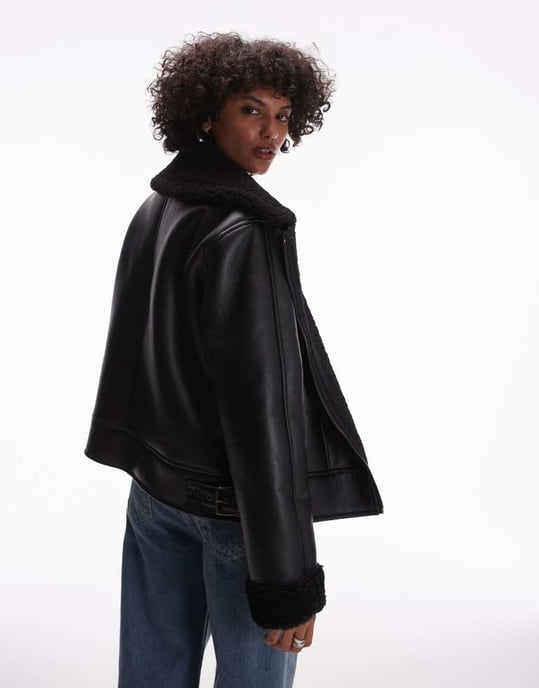 Topshop shearling aviator jacket in black - Image 4