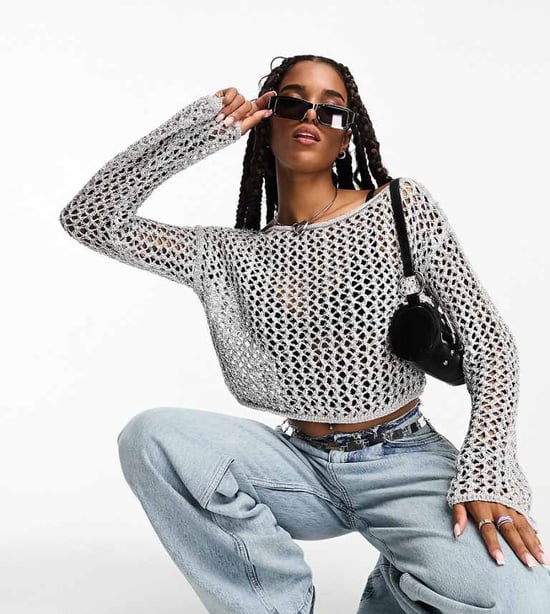 ASOS DESIGN metallisk öppen stickad topp med änglavingar i silver - Image 1
