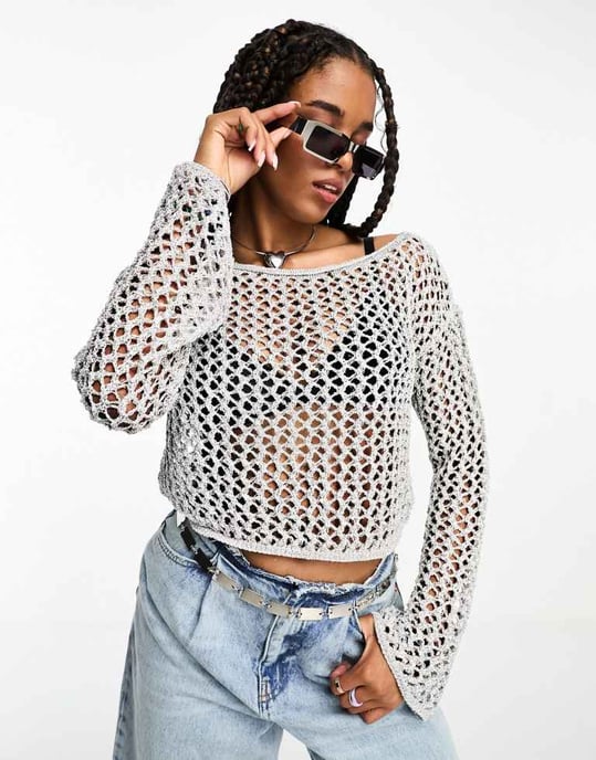 ASOS DESIGN metallisk öppen stickad topp med änglavingar i silver - Image 3