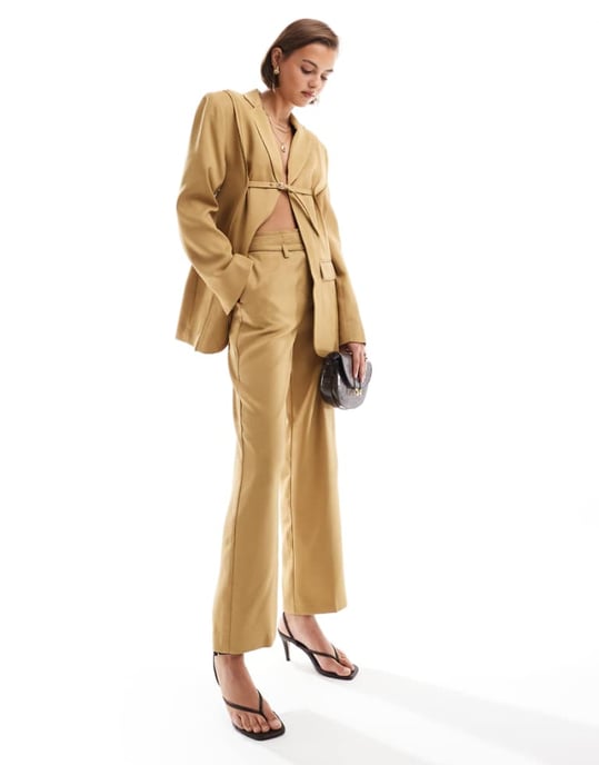 ASOS DESIGN tailored trouser with raw edge details and belt co-ord in tan - YELLOW - Image 1