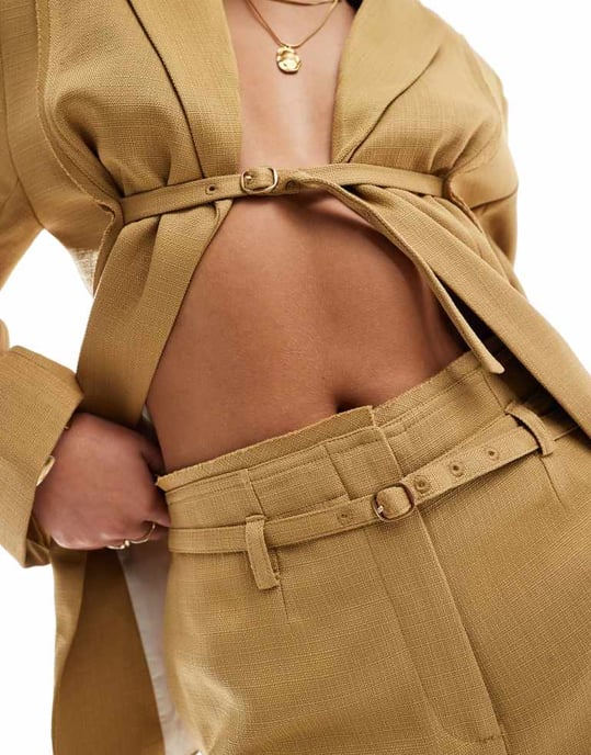 ASOS DESIGN tailored trouser with raw edge details and belt co-ord in tan - YELLOW - Image 2