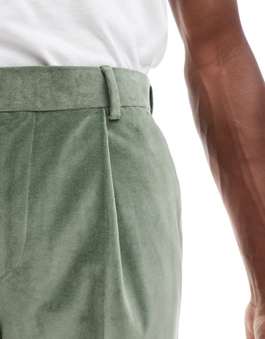 ASOS DESIGN slim pleat front suit trousers in sage green cotton velvet - Image 3