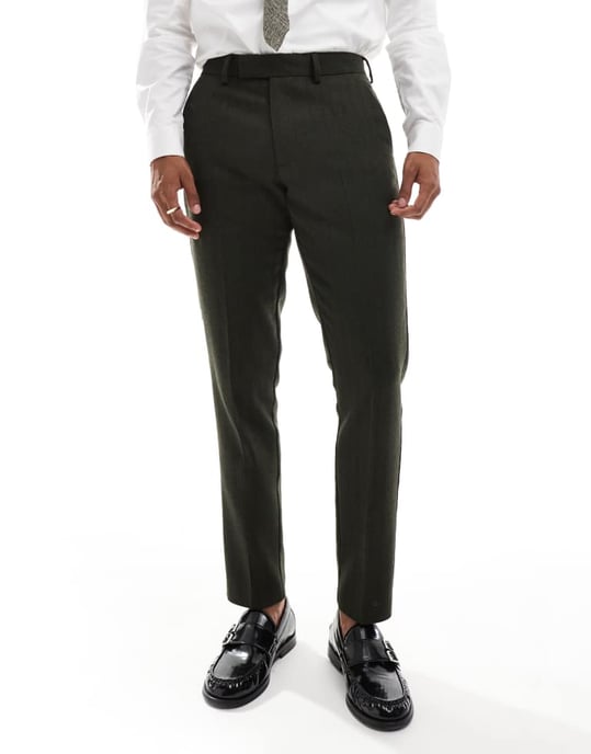 ASOS DESIGN new skinny suit trousers in wool blend olive green herringbone - Image 2