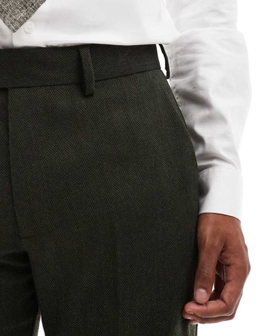 ASOS DESIGN new skinny suit trousers in wool blend olive green herringbone - Image 3