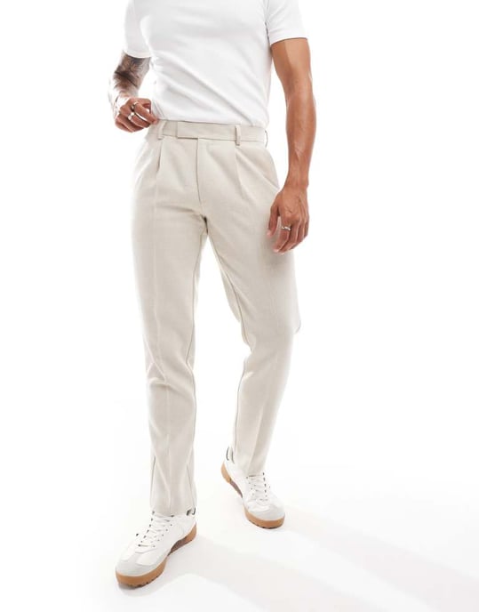 ASOS DESIGN slim wool blend suit trousers in stone herringbone - Image 3