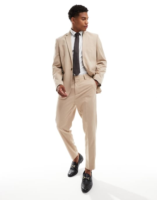 ASOS DESIGN tapered suit trousers in tonal neutral prince of wales check - Image 1