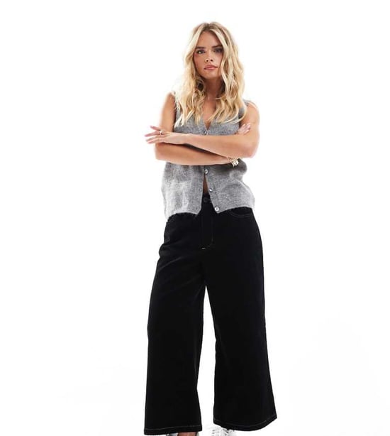 ASOS DESIGN Petite cord cropped wide leg trouser with contrast stitch in black - Image 1