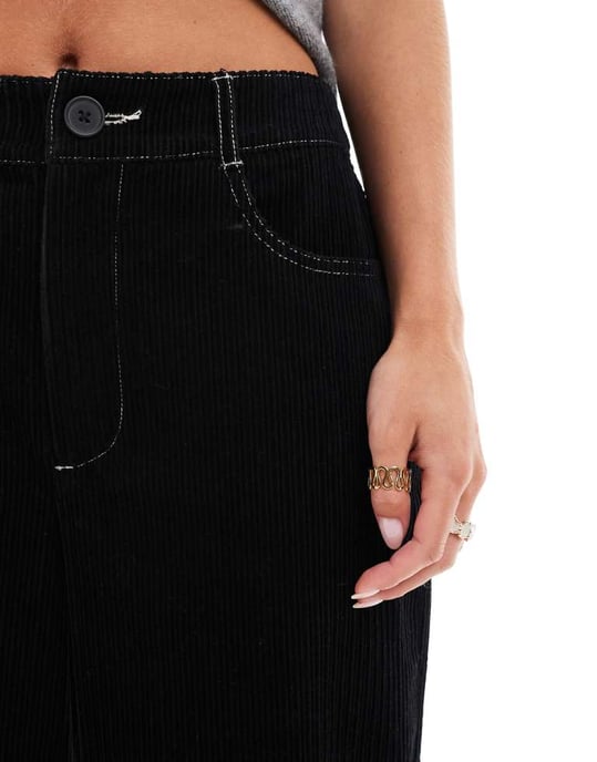 ASOS DESIGN Petite cord cropped wide leg trouser with contrast stitch in black - Image 3