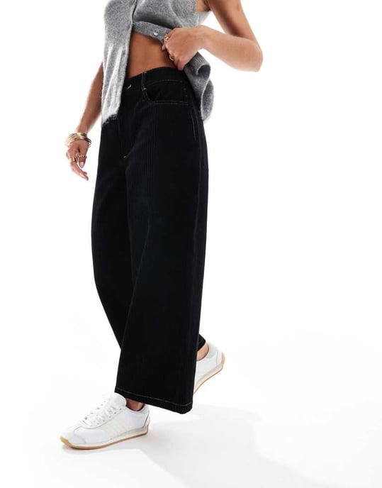 ASOS DESIGN Petite cord cropped wide leg trouser with contrast stitch in black - Image 4