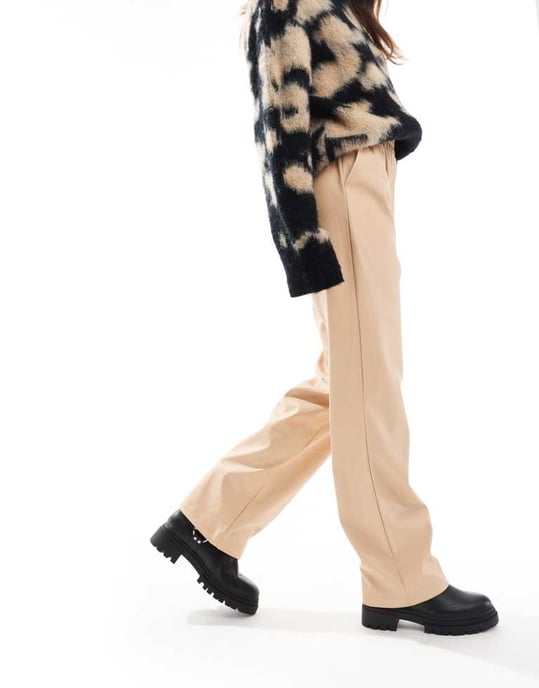 Miss Selfridge faux leather pull on straight leg trouser in neutral - Image 2