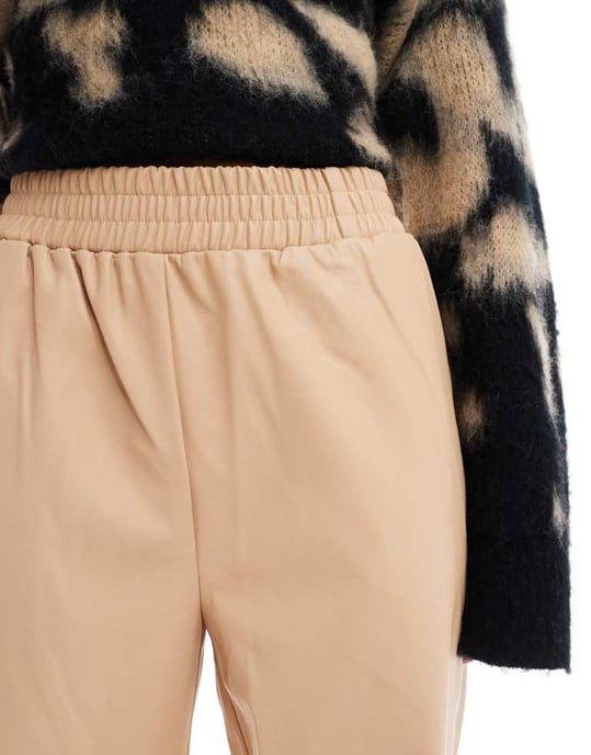 Miss Selfridge faux leather pull on straight leg trouser in neutral - Image 3