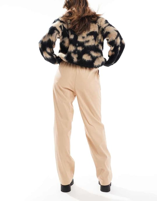 Miss Selfridge faux leather pull on straight leg trouser in neutral - Image 4