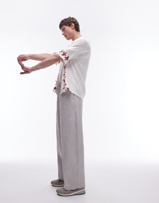 Topman premium wide leg textured trousers in stone - Image 4