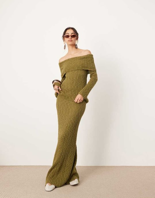 ASOS EDITION knitted bardot layered long sleeve top co-ord in green - Image 2