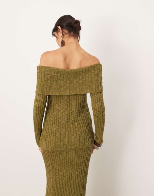 ASOS EDITION knitted bardot layered long sleeve top co-ord in green - Image 3